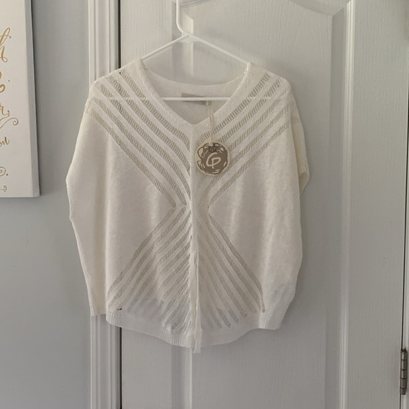 Colour 5 Power sweater jumper beige L‎ see through lightweight knit v neck linen - Picture 2 of 11